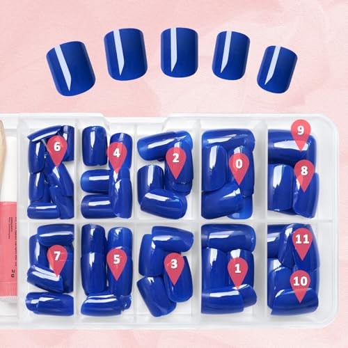120Pcs Short Press on Nails – Glossy Square Glue on Nails – Royal Blue