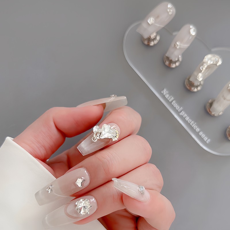 Pressure Nails 3D Love Diamond Crystal Nail Tips Stick on Nails with Nail Glue