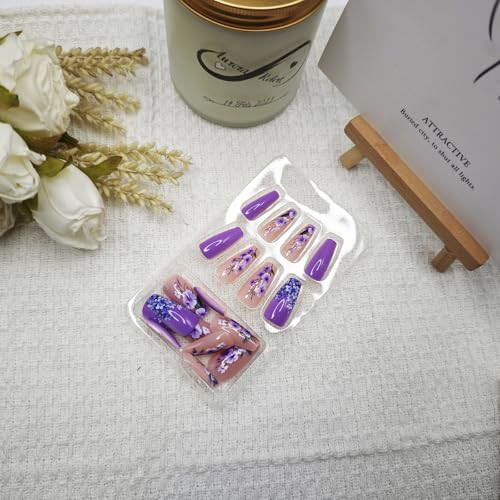 24Pcs Purple Press on Nails Spring Fake Nails Purple Flower Design False A38