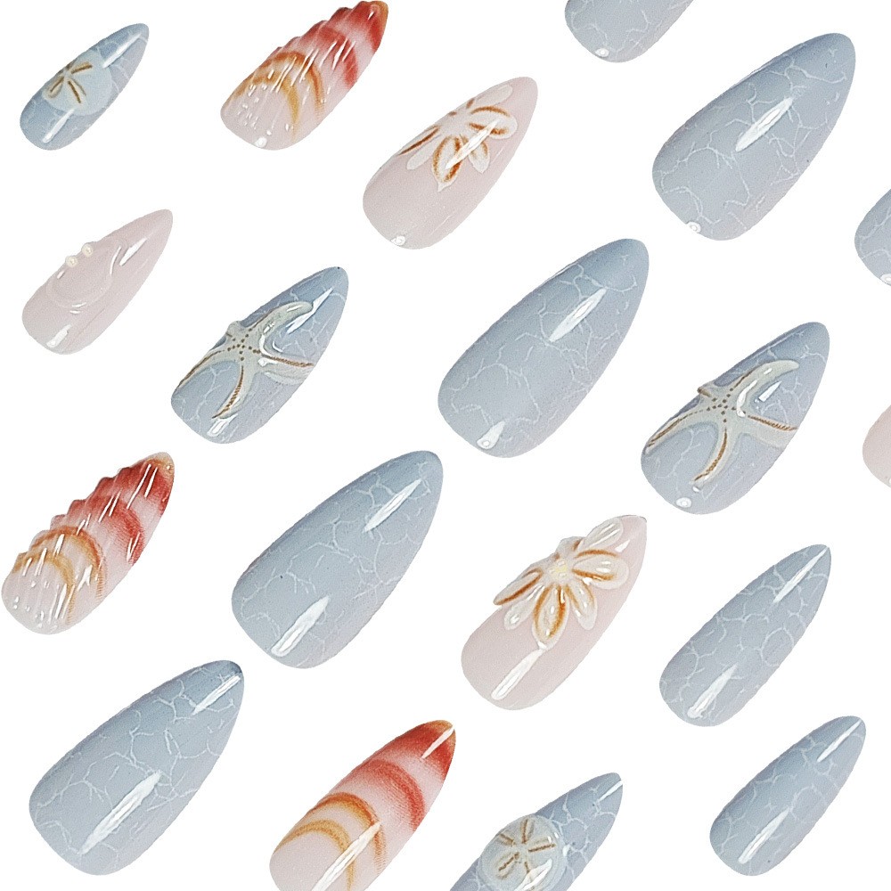 24pcs Summer Ocean Blue 3D Shell Design Press on Nails, Medium Almond