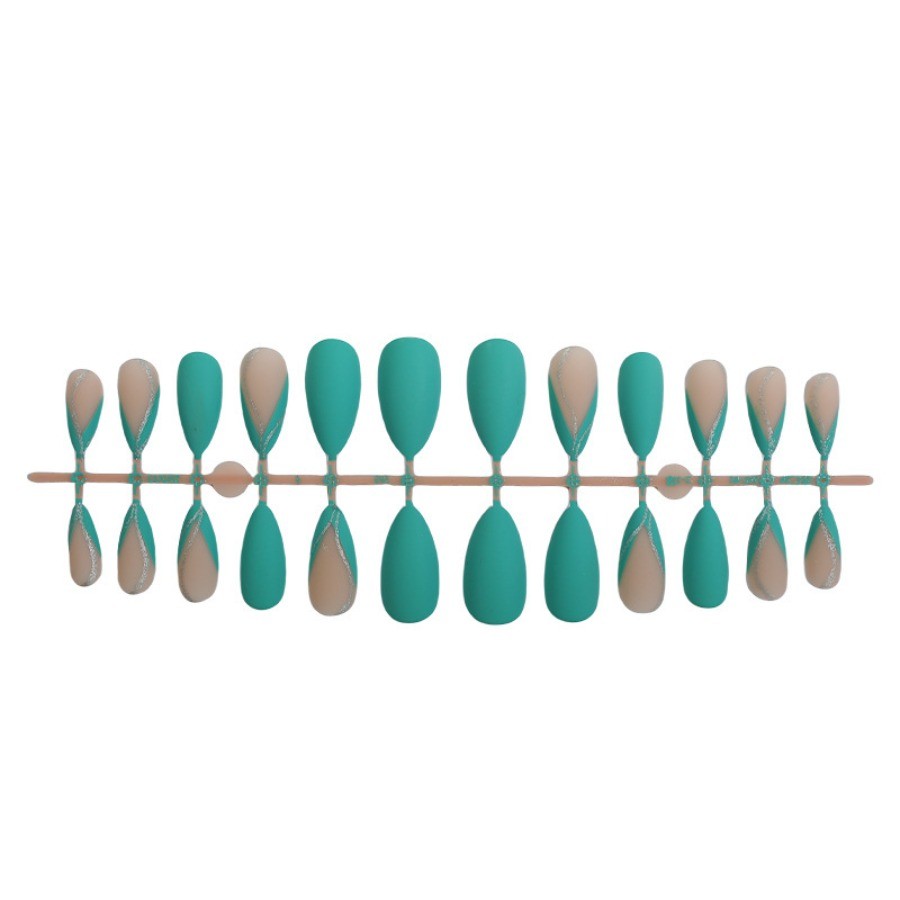 48pcs-Tropical Teal Press on Nail, Almond Nails with Nude Base and Silver Accent