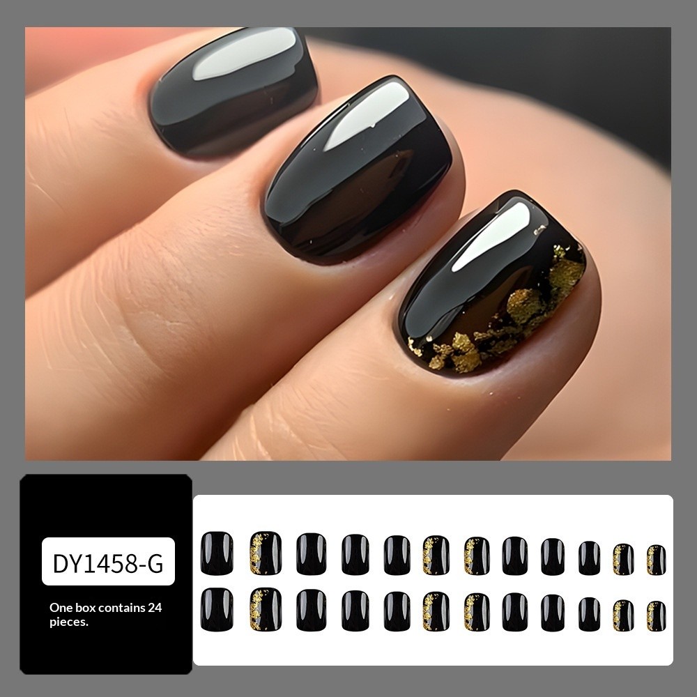24 Pieces Of Short Square Acrylic Nail Stickers – Black False Nails With Gold Fo