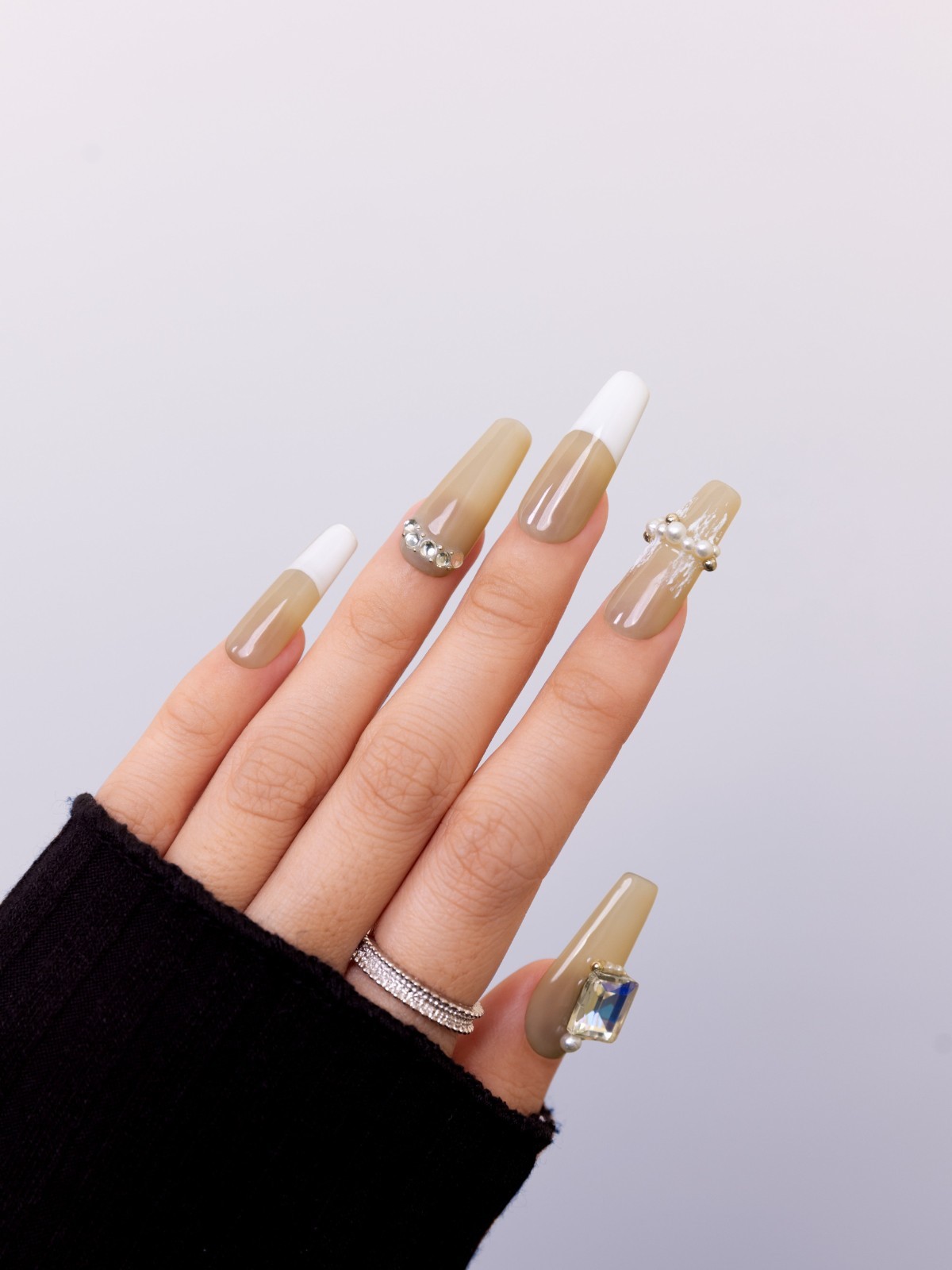 SIYOU | Crystal Coffin French | (Long Coffin) White Press-On Nails (10pc Kit)