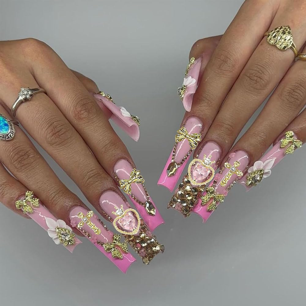 160Pcs Gold Nail Charms 3D Butterfly Cherry Heart Cross Bow Star Dollar Flowe…