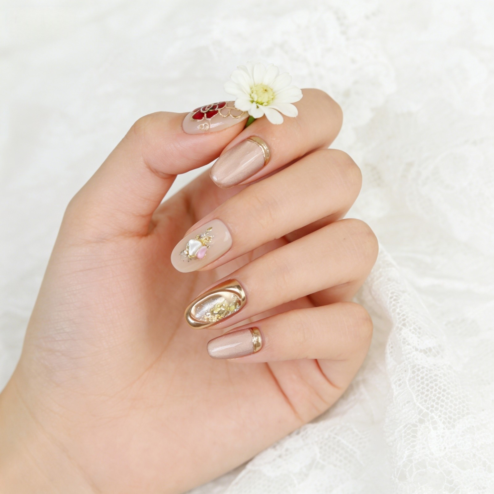 Nude Pink Floral Press On Nails Oval Gold Foil Handmade Elegant Set Gift For Her
