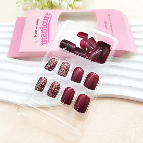 Press on Nails Short Acrylic Nails Press ons Square Burgundy Silver Glitter