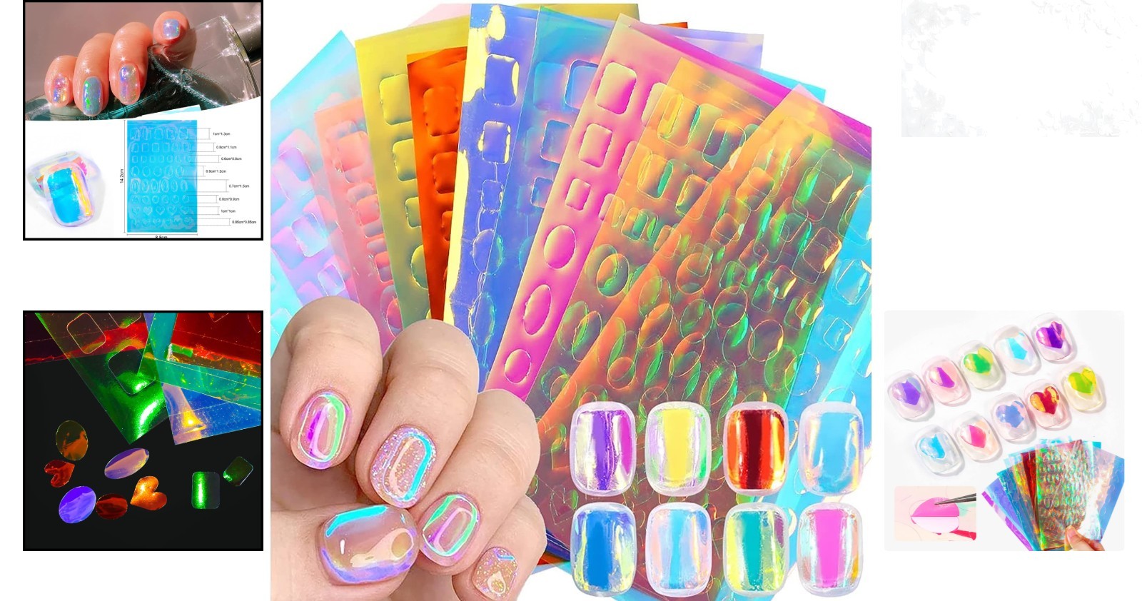 11 Sheets Aurora Nail Foil Stickers Holographic Iridescent Cellophane Nail Ar…