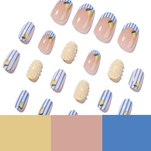 Summer Press On Nails Oval – Cute Blue Striped & Yellow Lemon Short – Color37