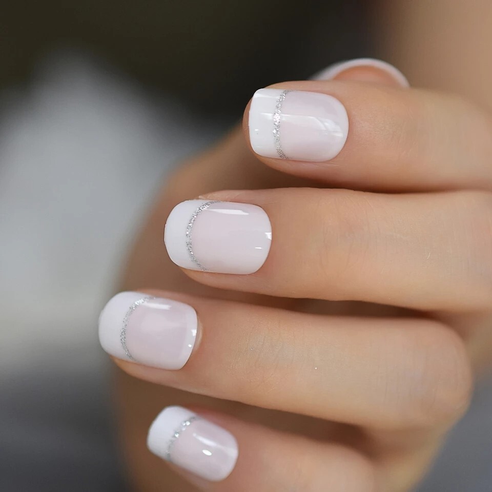 24 Short Silver glitter line French mani tip Press on nails set with glue white
