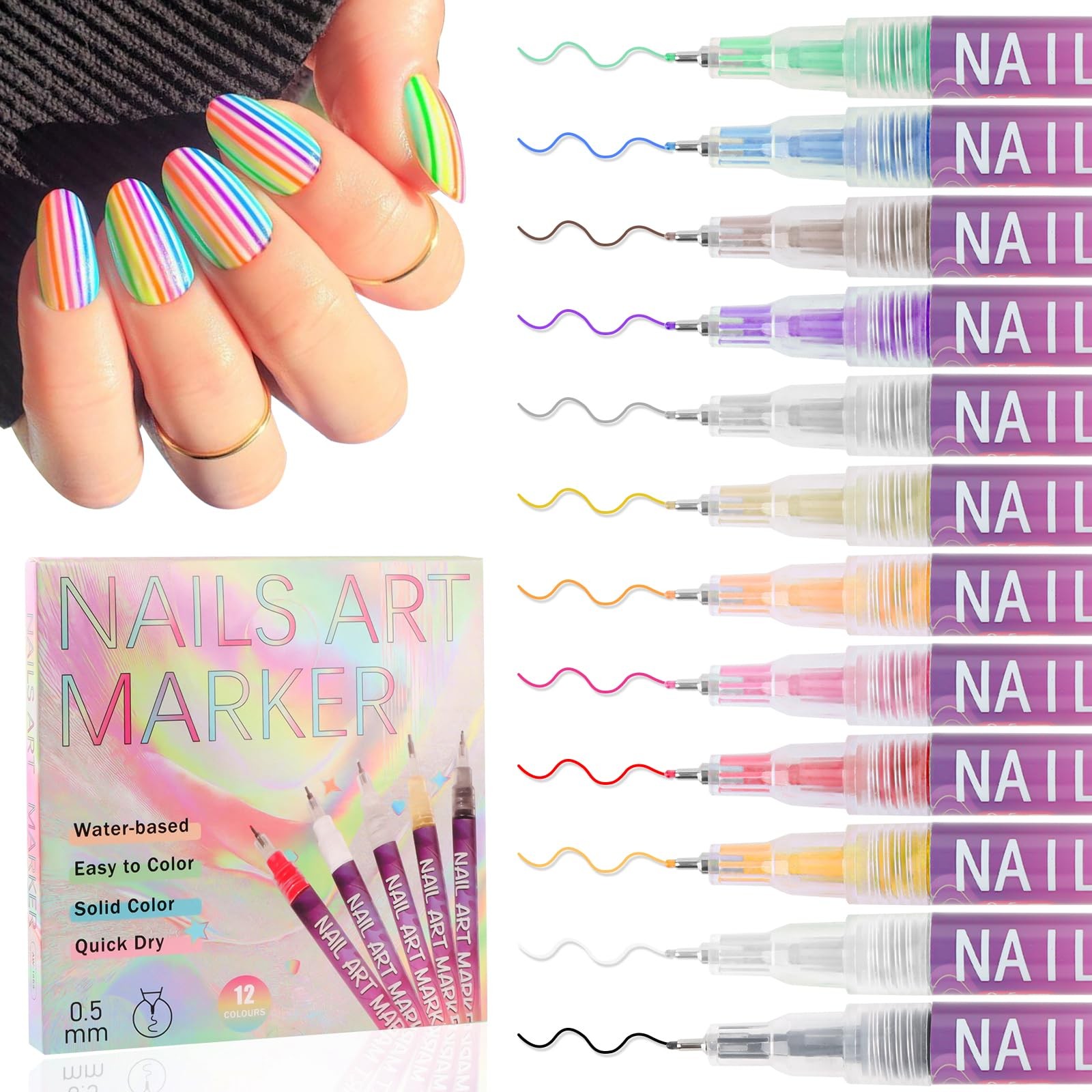 Nail Polish Pens Set 12 Colors 0.5MM Nail Art Pens Quick-Drying