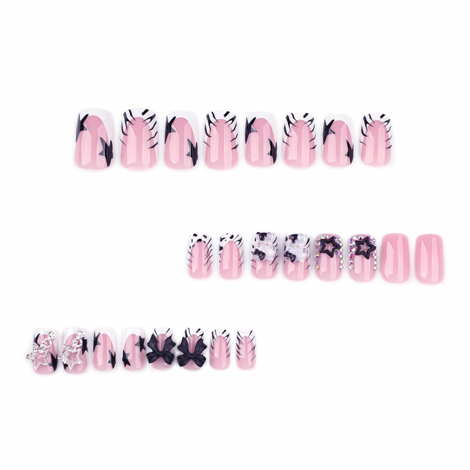 French Tip Press on Nails Short Square Fake Nails with Bow Charms Designs Bla…