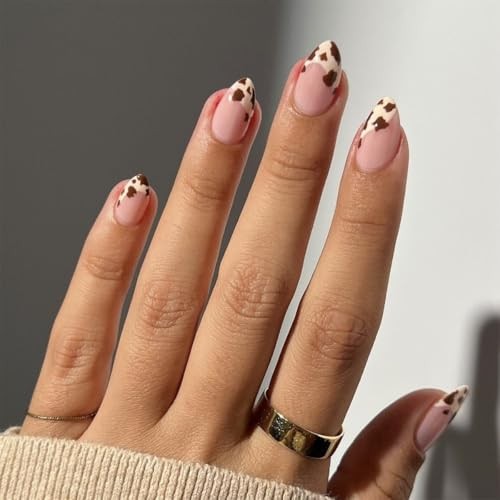 24Pcs Short Press on Nails Cute Almond Fake Nails Cow Pattern Design French A14