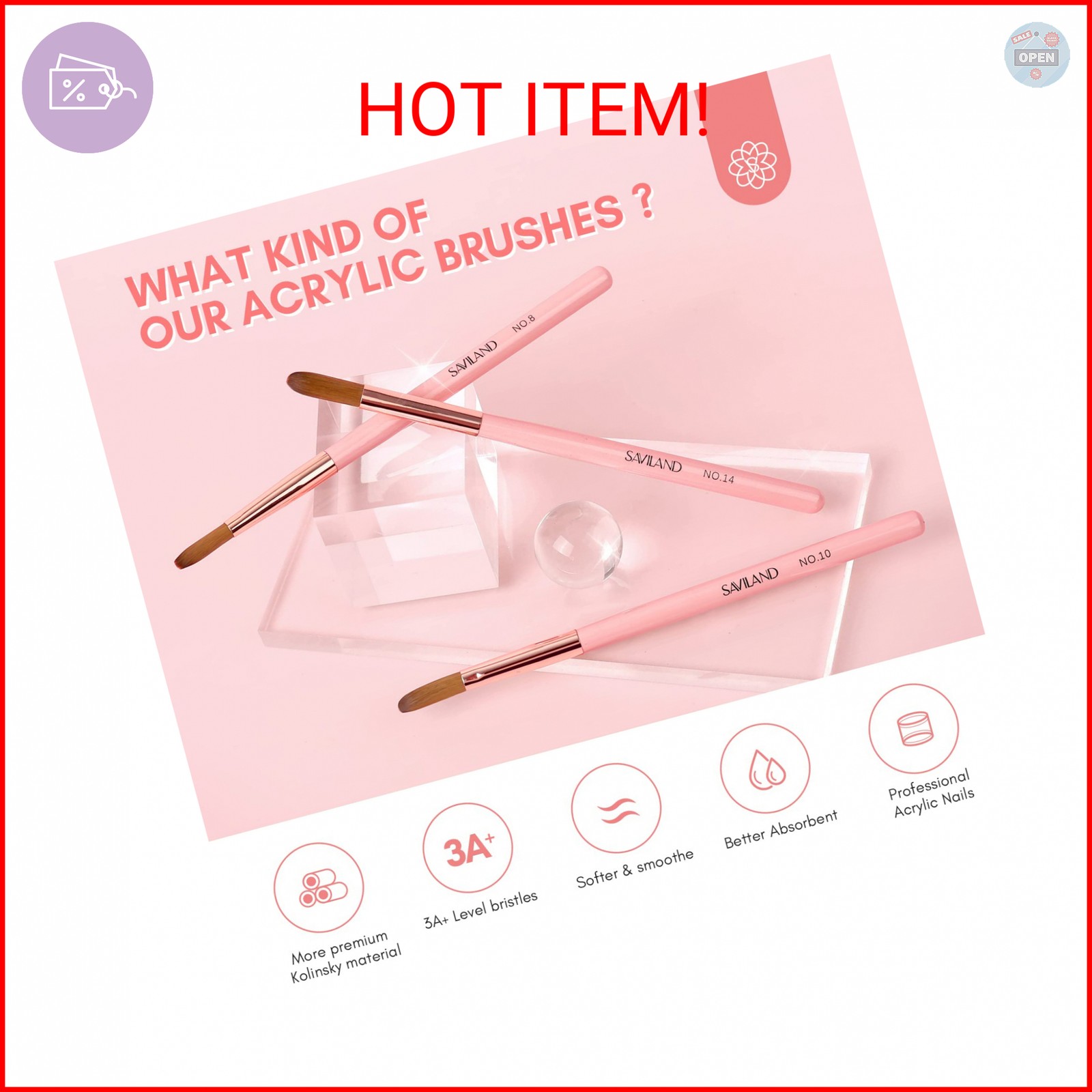 SAVILAND 3PCS Acrylic Nail Brush Set: Size 8/10/14 Kolinsky Acrylic Nail Brushes