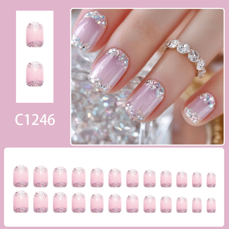 48pcs Soft Pink Nude Glitter French Press on Nails, Clear Diamond Fake Nails