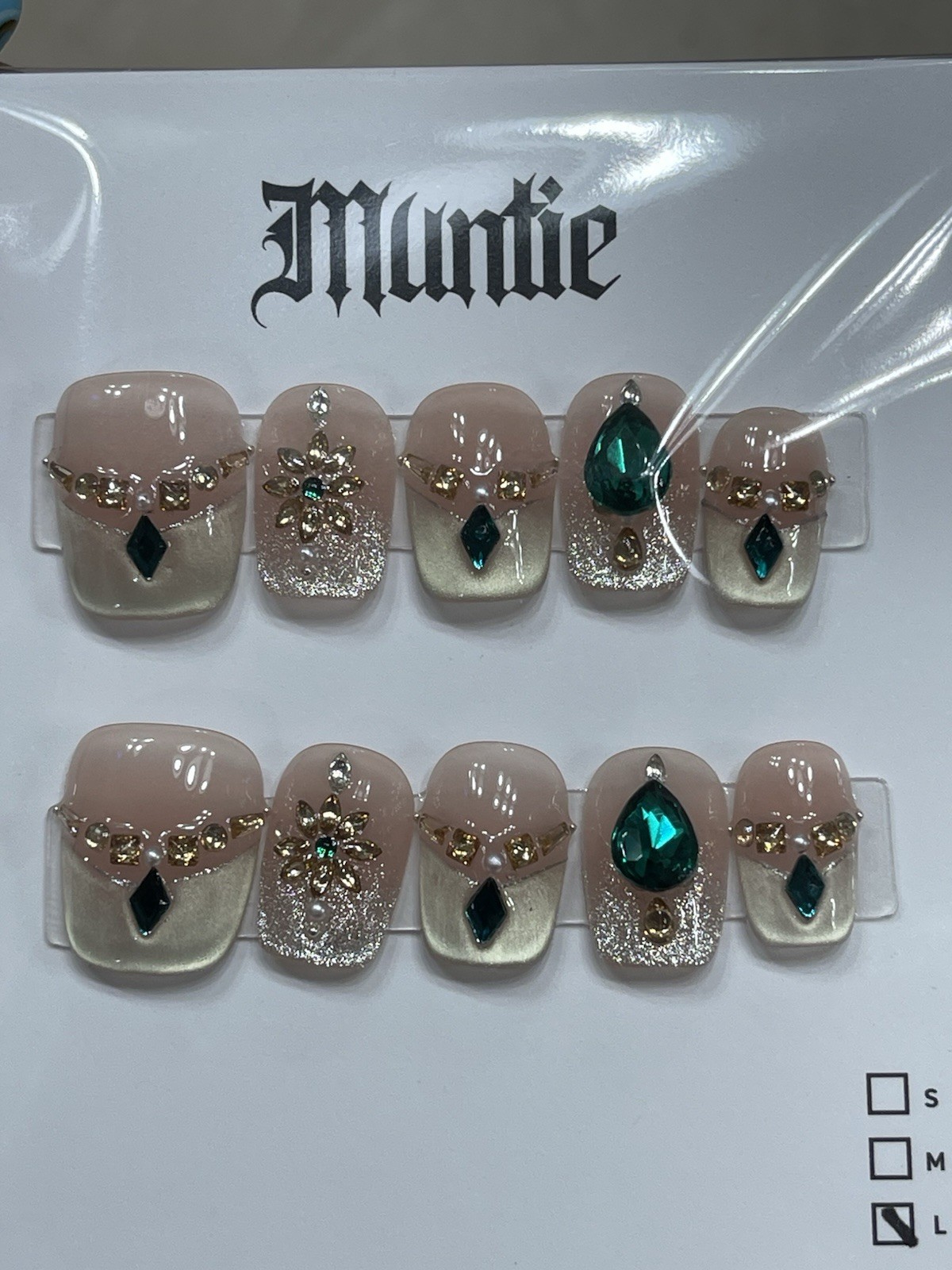 Gorgeous Press On NAILS – Square Short Tiger Eye French Green Jewel Charm Size L