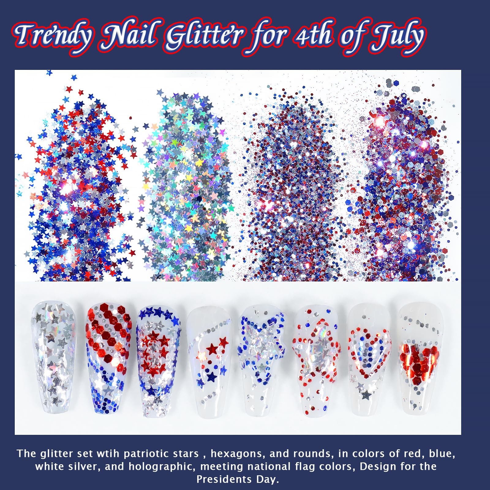 Nail Glitter 4Pcs Holographic America’s Patriotic Nail Art Glitter Sparkly Re…