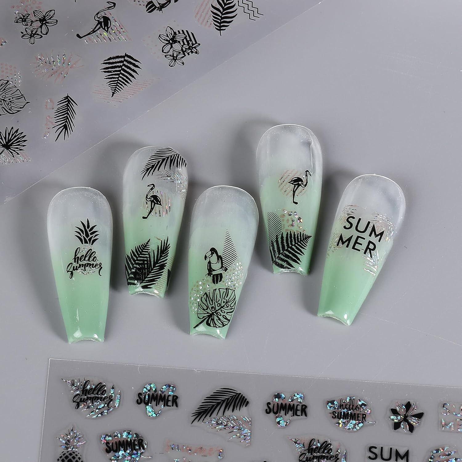 Leaves Nail Art Stickers 12 Sheets Metallic Gold Silver Palm Leaf Flamingo Na…