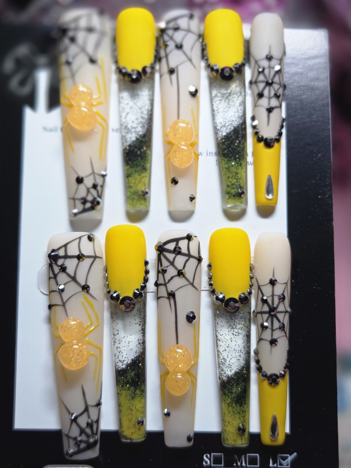 Press On Nail Large 2xl, Yellow, Black, Halloween, Spider, Water Aqua Nails