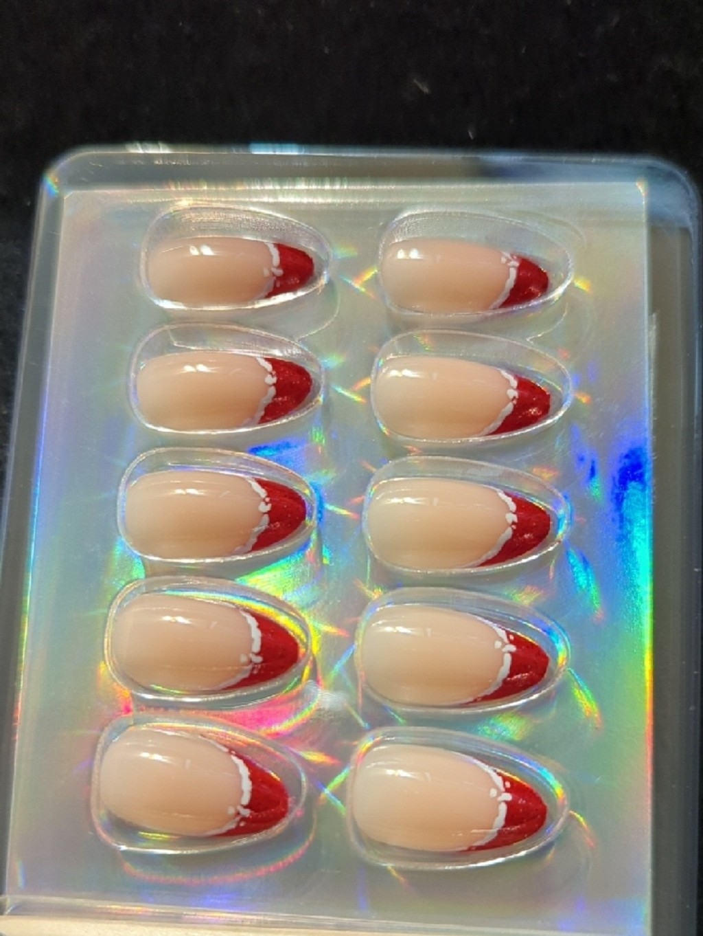 Press On Nails – Peach Nude with Red And White Accent Tips