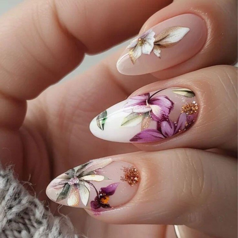48PCS Oval Nude Transparent Purple Orchid Gold Reusable Fake Nail Art