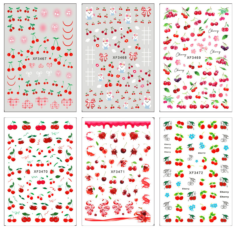 Nail Stickers Waterproof Red Cherry Design DIY Decal Flower Fruit Easy Use NH18