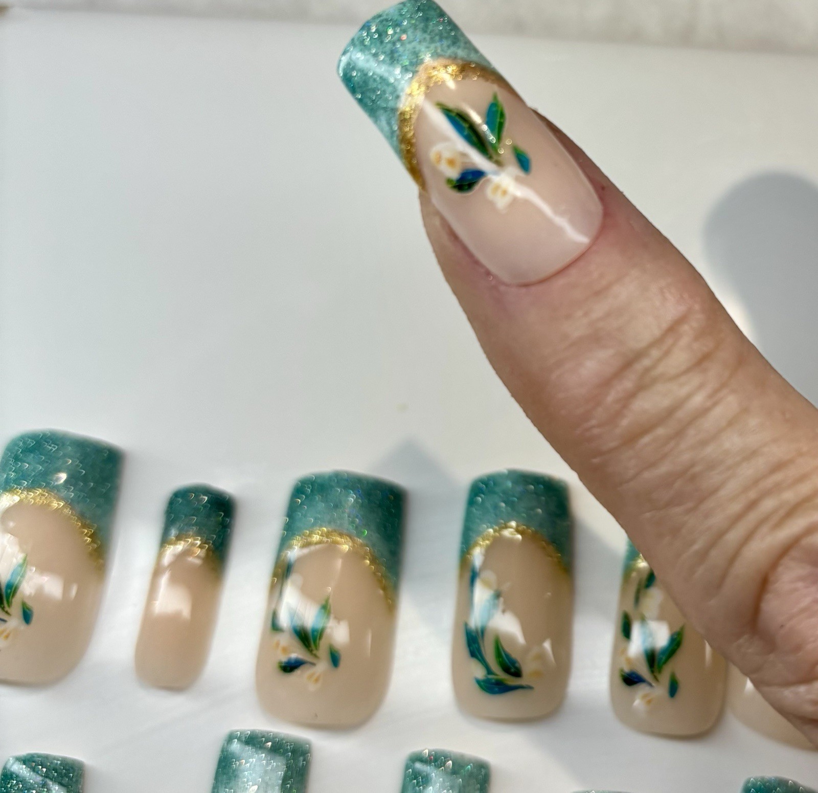Spring Press On Nails, Nude Floral Square handmade Blue Glitter French ￼