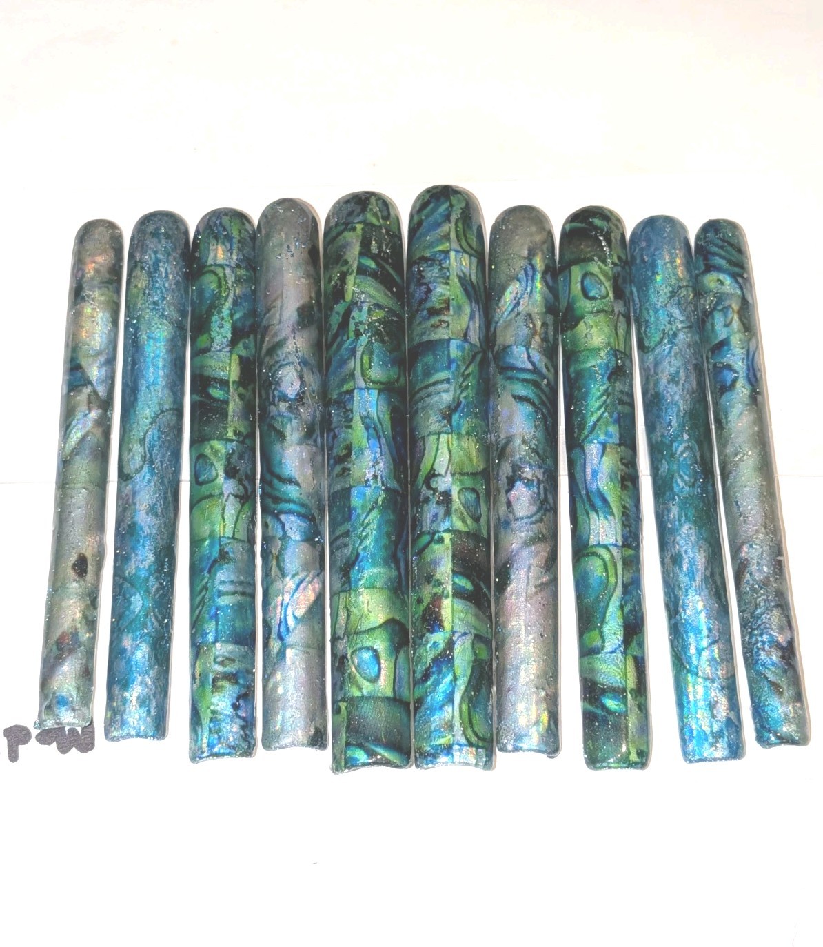 Hand Crafted 6Xl Acrylic Teal and Blue Marble Long Press-On Nails Sz Medium