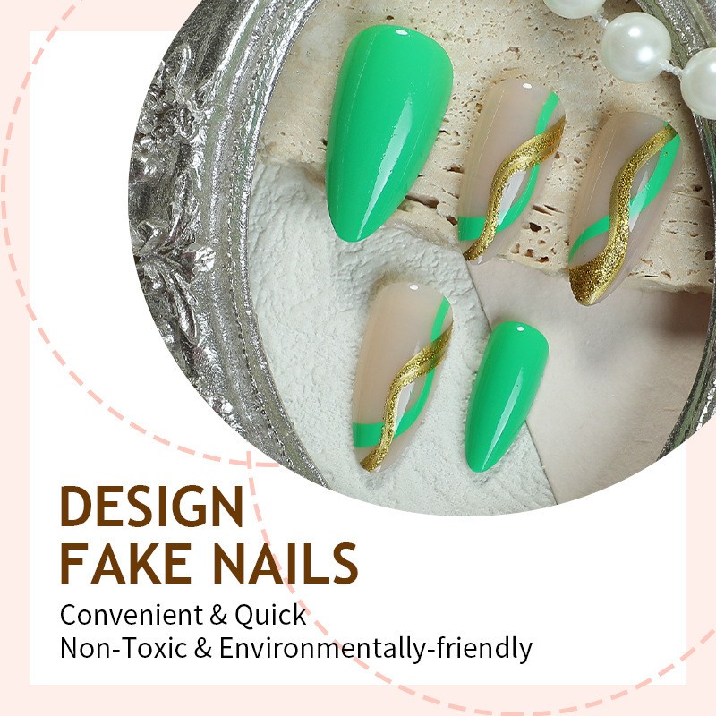 48Pcs-Sage Green Nude French Tip Almond Press on Nails with Gold Line Fake Tips