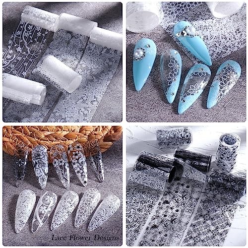 10 Rolls Lace Nail Art Foil Transfer Black White Flower Foil Transfers Decals