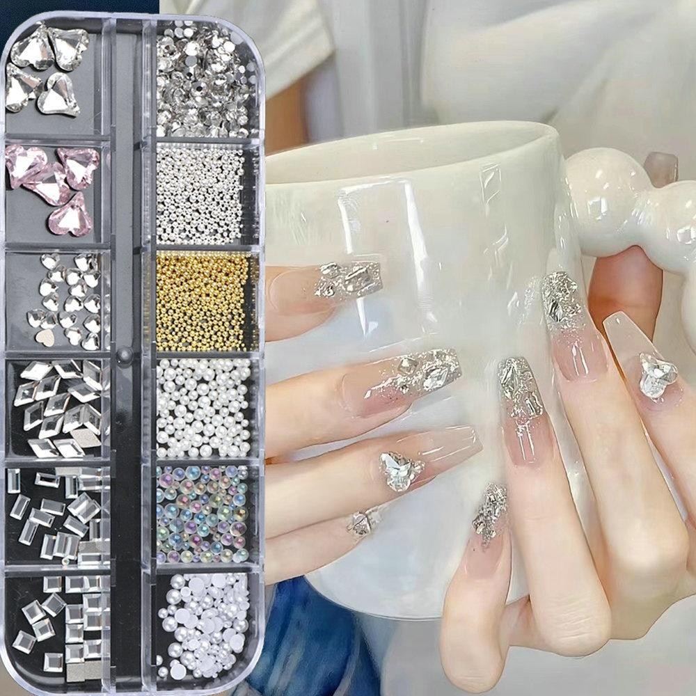 12 Grid Mixed Nail Art Supplies, Beads Flatback Rhinestones Iridescent Charms