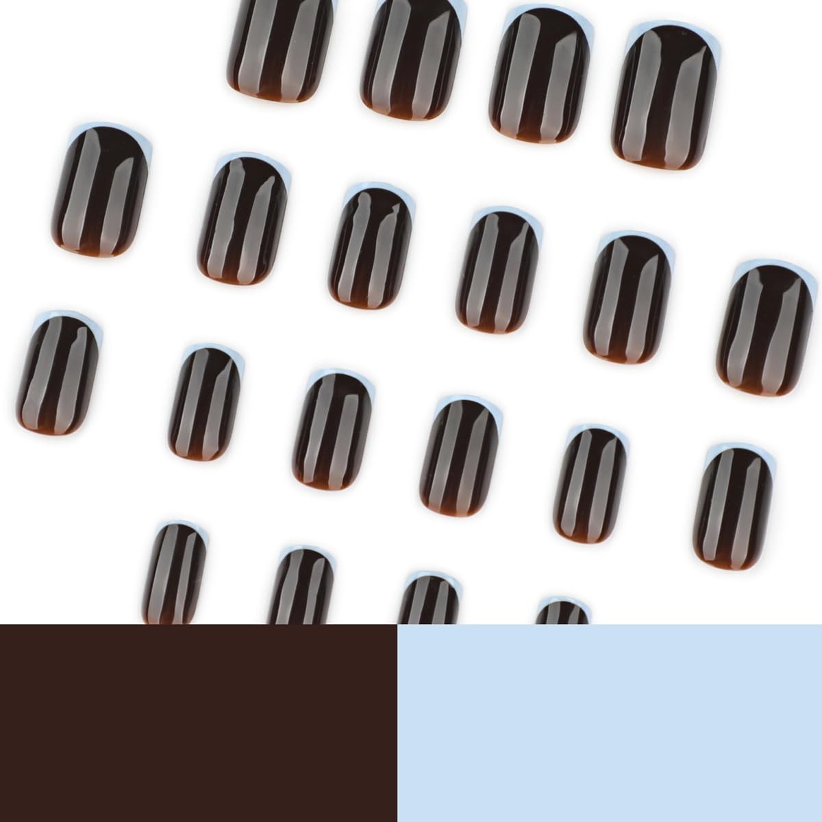 Dark Brown Press on Nails – Medium Square,Light Blue French Tip,Fall Vibes