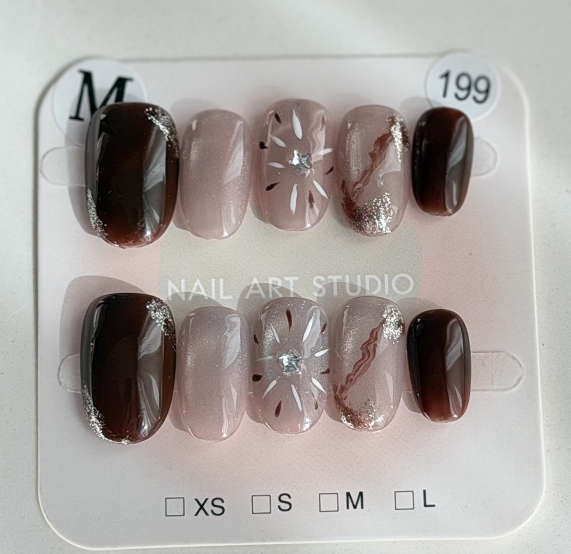 Handmade Pink Brown Fireworks Press-On Nails Short Oval Size M Reusable 199