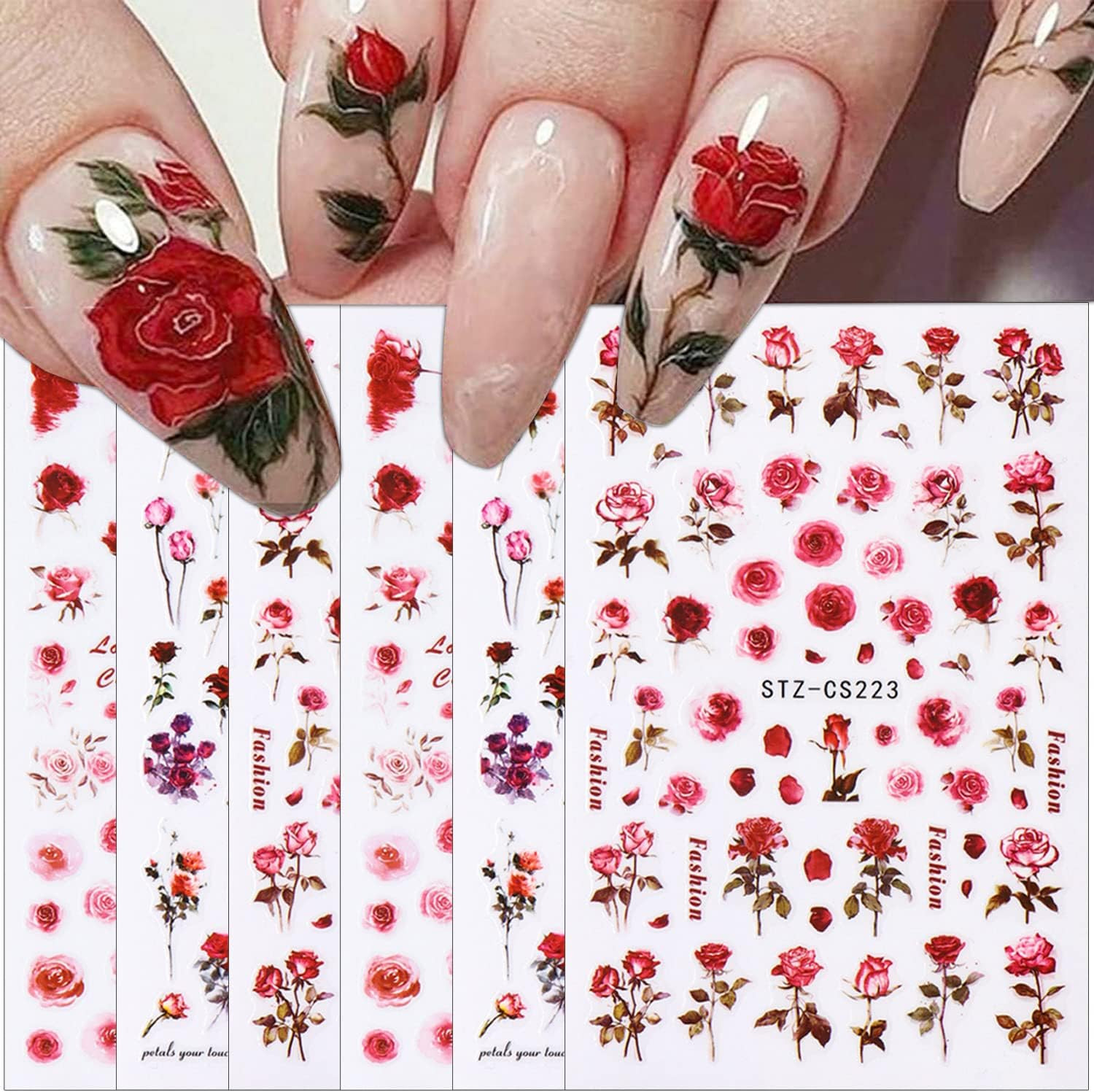 6 Sheets Flower Nail Art Stickers 3D Self-Adhesive Spring Rose Nail Decals Charm