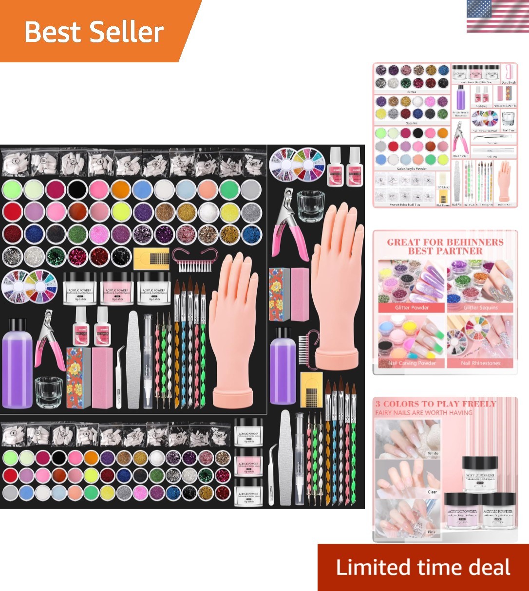 Professional Acrylic Nail Kit – Practice Hand Set with Powder, Brush, DIY Sta…