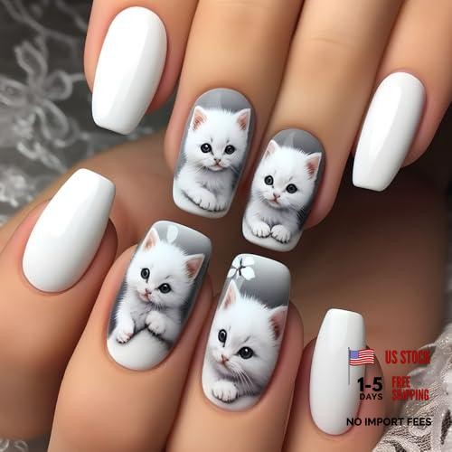 White Square Cute Cat Nails – Medium Square Cute Cat Press on Nails W6