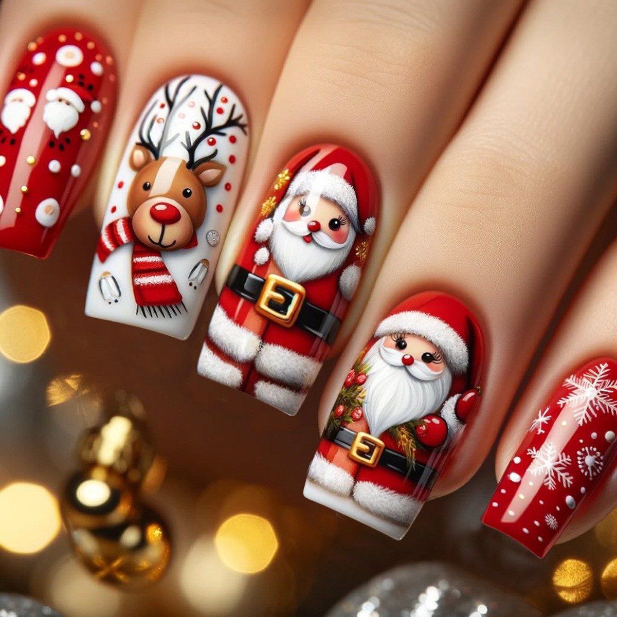 216pcs Christmas Press on Nails Santa Snowman Reindeer Festive False Nails 9Pack