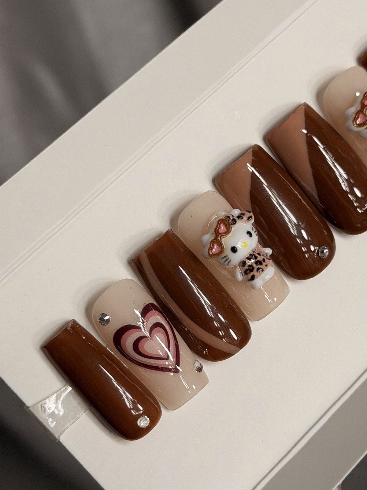 ✨ CUSTOM Press On Nails Brown Nude HELLO KITTY BLING 10p SET W Kit