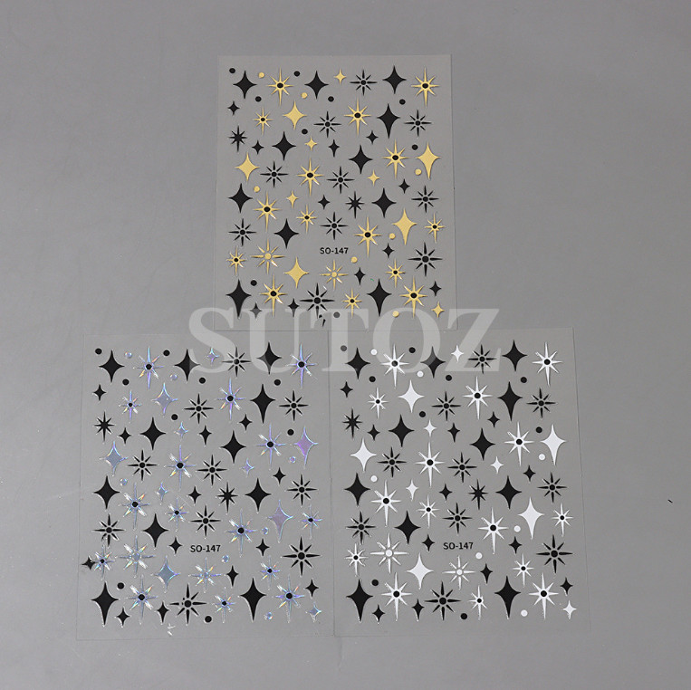 3Sheets Black Gold Silver Star Sun French Tips Nail Stickers Manicure NH18