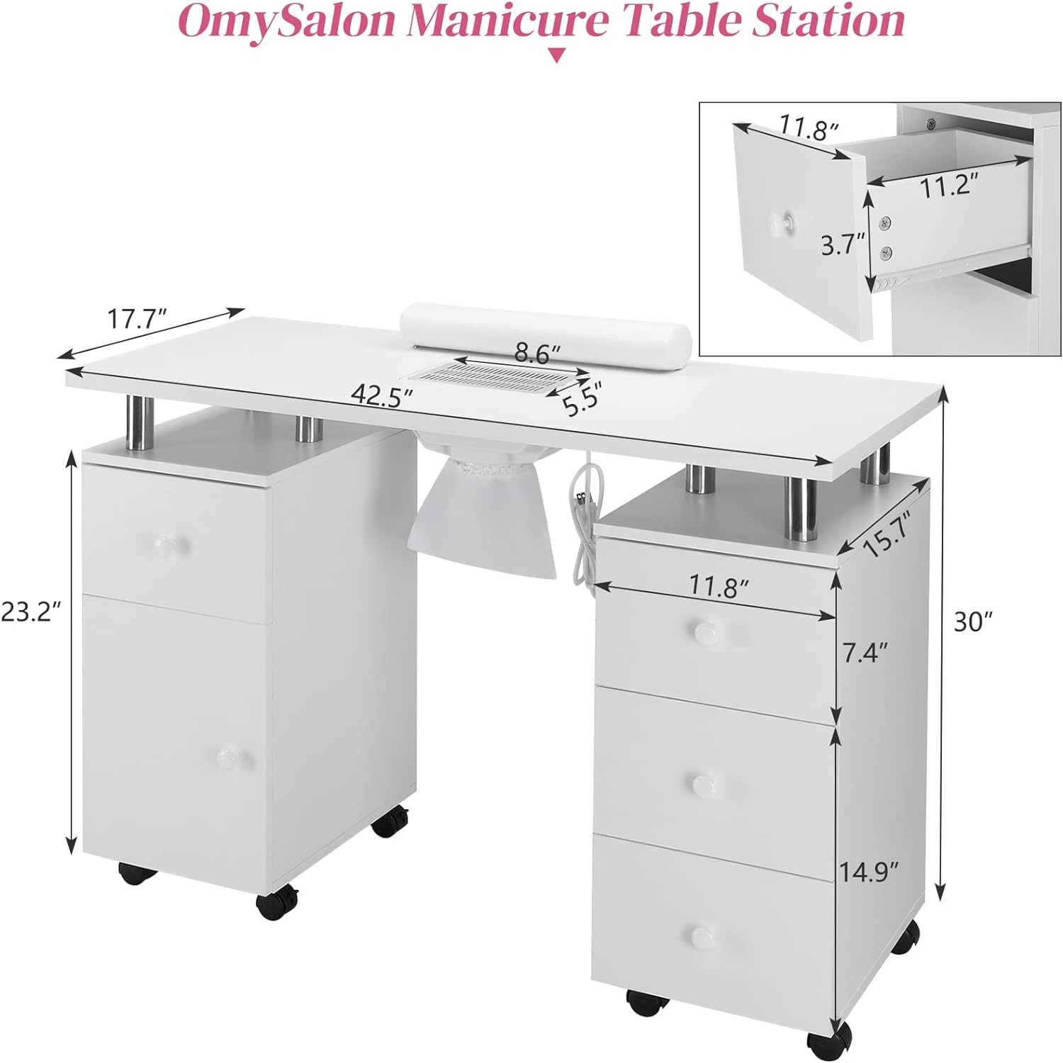 Pro Manicure Nail Table Station Spa Beauty Salon Wheel Desk with Dust Collector