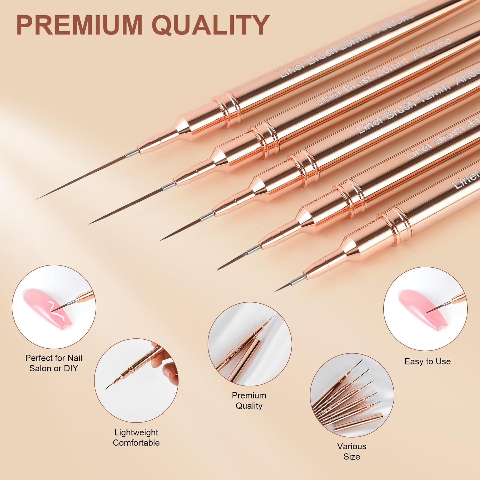Artdone Metallic Nail Art Pens, Liner Brushes Set, 5PCS Copper Color