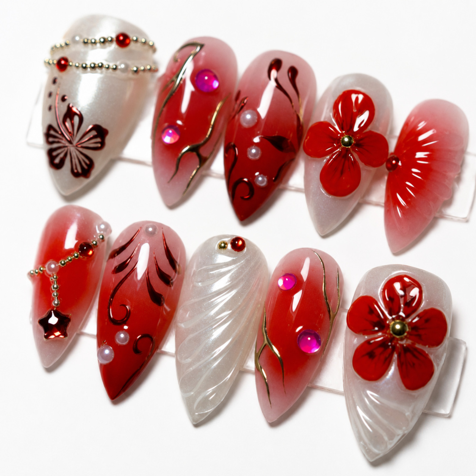 Handmade Red Floral Press On Nails 3D Flower Pearl Rhinestone Set
