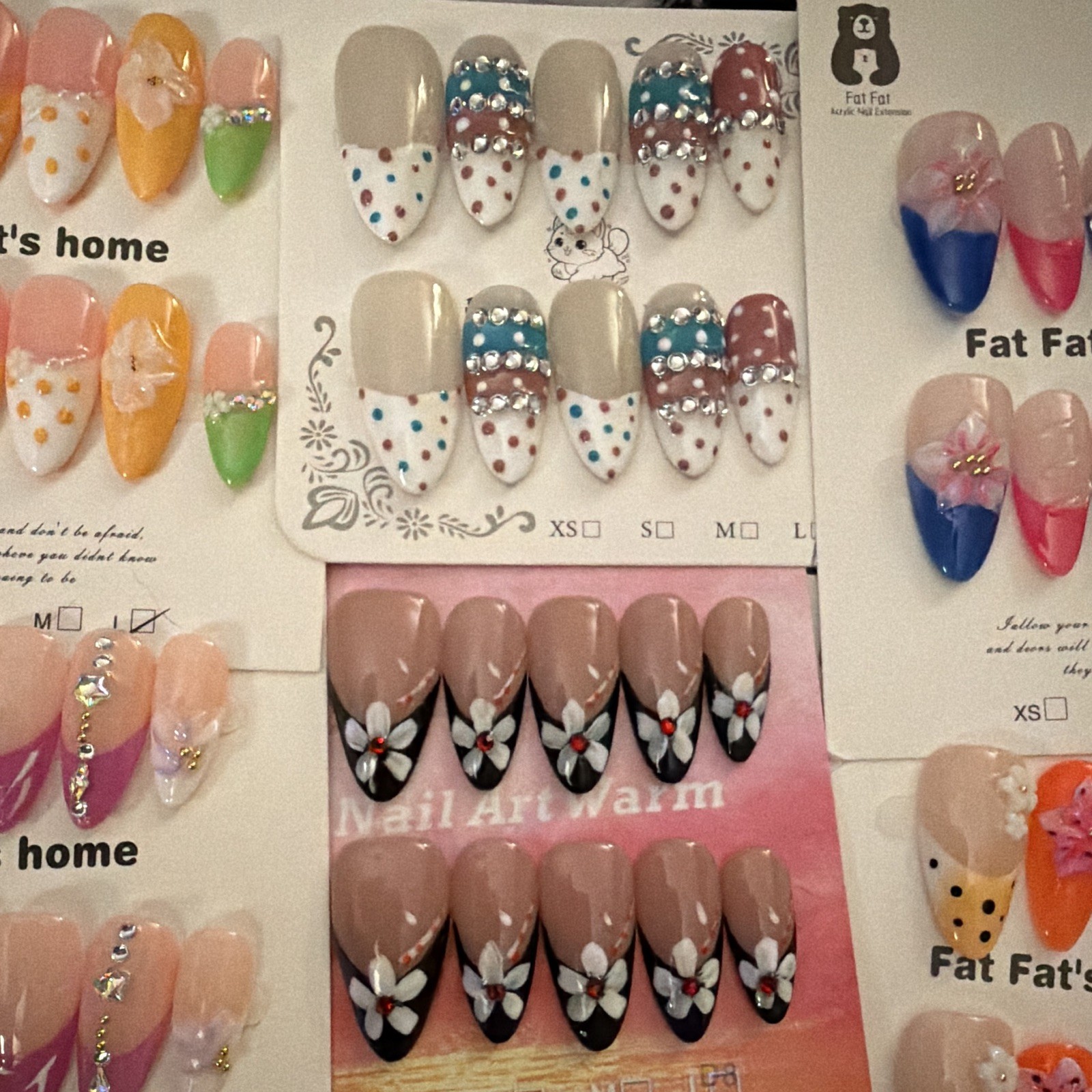Fat Fat’s home Press-On Nails Long Almond 3D Floral Multicolor Full Cover