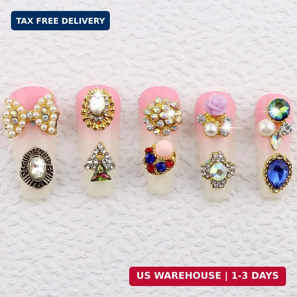 50pcs 3D Gold Nail Charms for Acrylic Nails Mix Styles Rhinestones for Nails Met