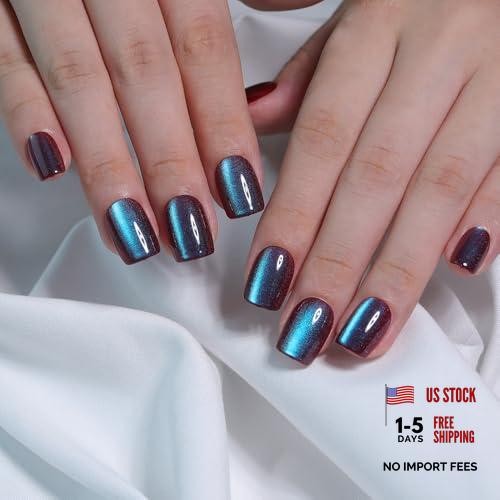 Teal Blue Cat Eye Press On Nails – Square Fake Nails with M11 Galaxy Blue