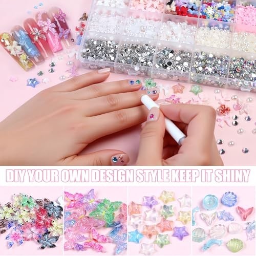 24 Grid Colorful Nail Charms – 3D Flowers, Butterflies, Ocean Stars & Gems for D