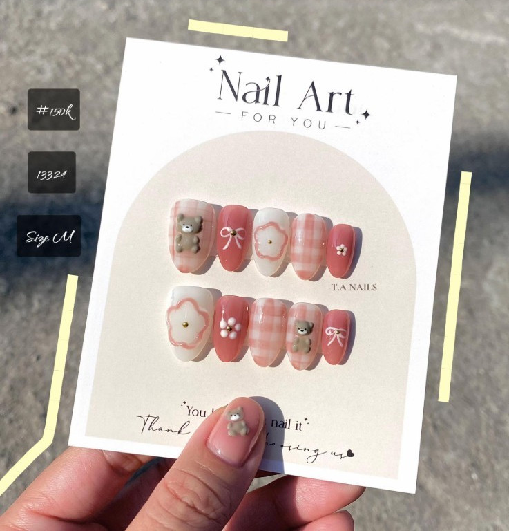 Nailbox Pink/White 3D Teddy Bear Bow Press-On Nails Acrylic Medium Oval