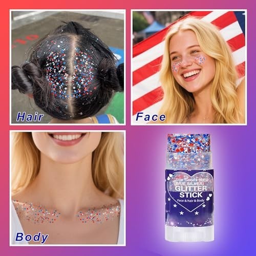 Red White and Blue Body Glitter Stick,4th of July Accessories,Spark, Free Ship