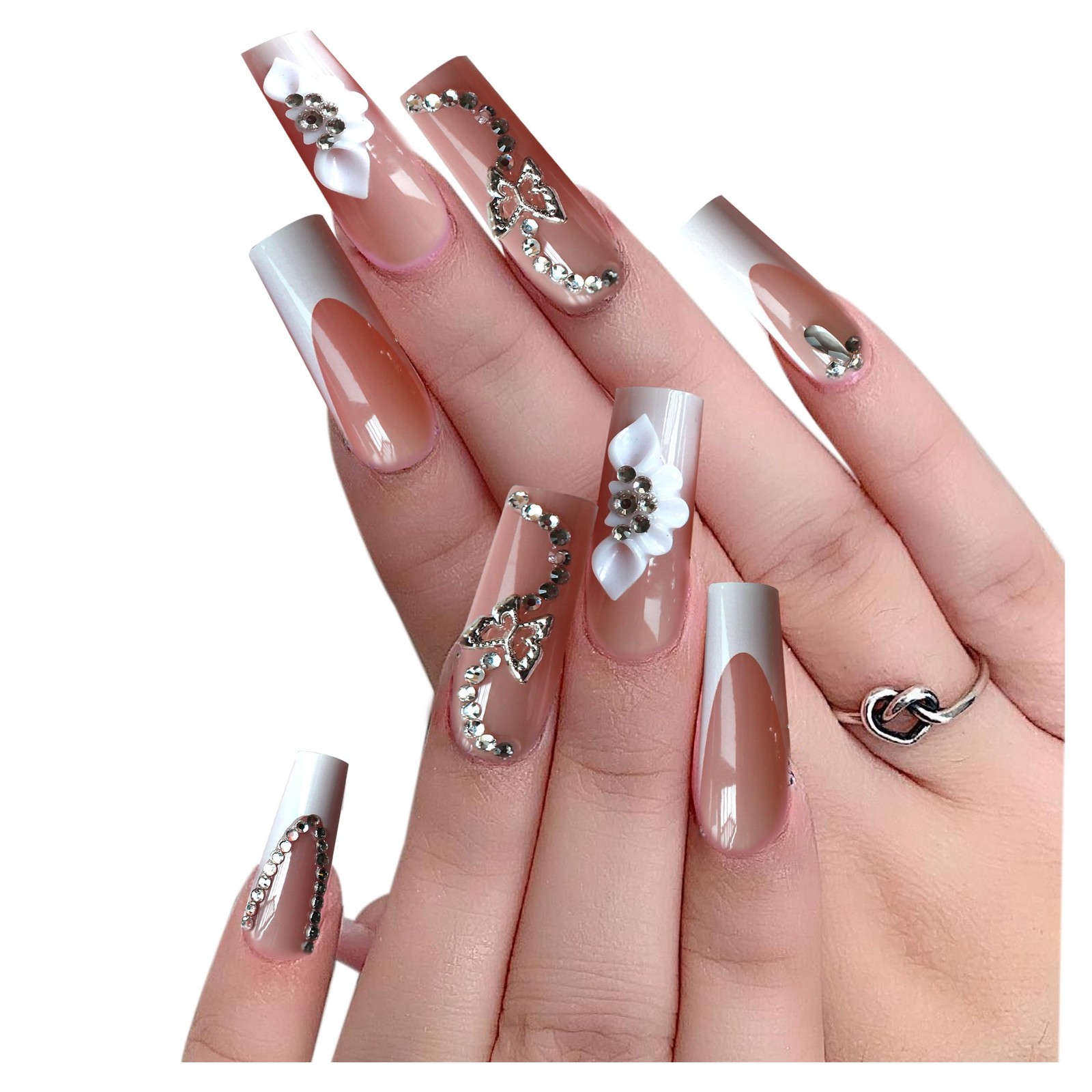 Floral Press on Nails Kit French Tip Nails Press Ons Long Silver butterfly Rh…