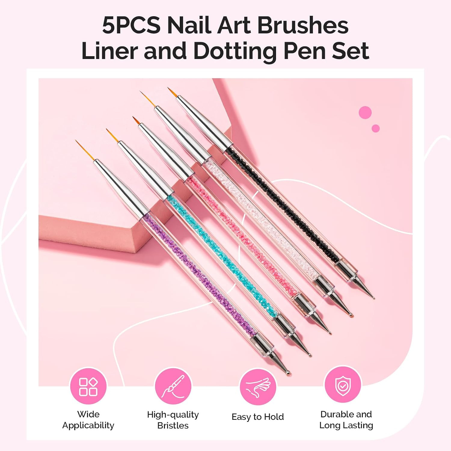 5 Pcs Nail Art Liner Brushes Dual Dotting Pen Set, for Long Lines French Tips Na