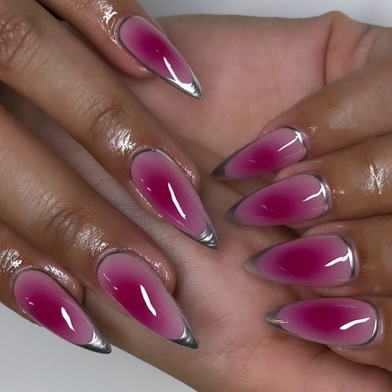 Fashionable Rose Red And Silver French Almond Press on Nail Acrylic Nail Tips